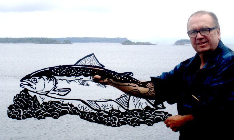 Man holding a large fish illustration by a lakeside, with water and distant shore in the background