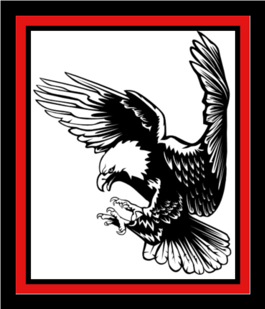 Black-and-white eagle swooping inside a red-bordered square frame.
