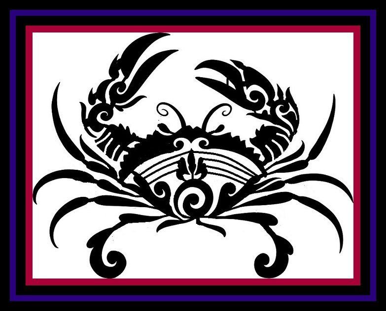 Black tribal-style crab illustration on a white background with purple and pink border accents