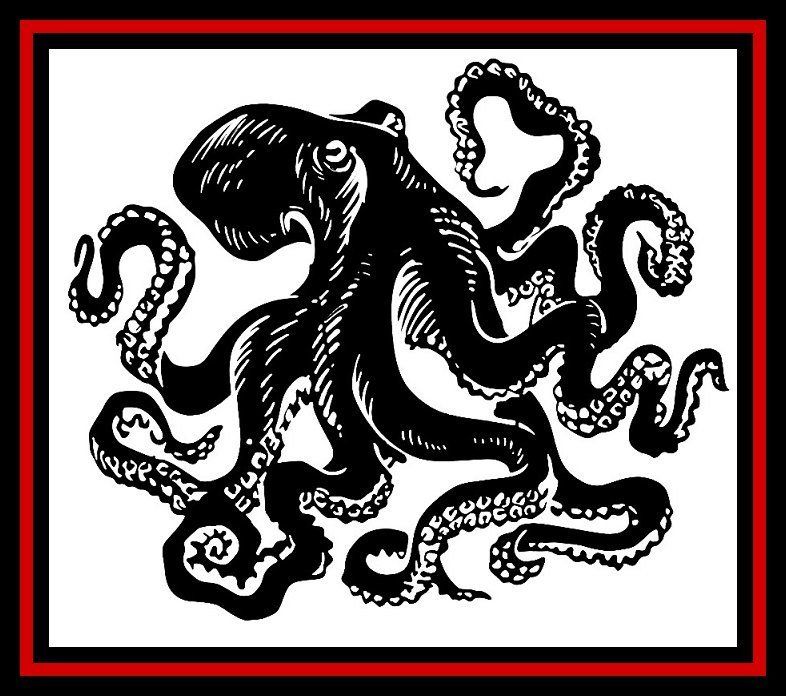 Black octopus illustration on white background with a red-and-black border
