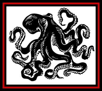 Black octopus illustration with tentacles, framed by a red-and-black border on white background