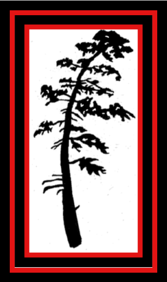 Black tree silhouette with sparse foliage inside a red double border on a white background