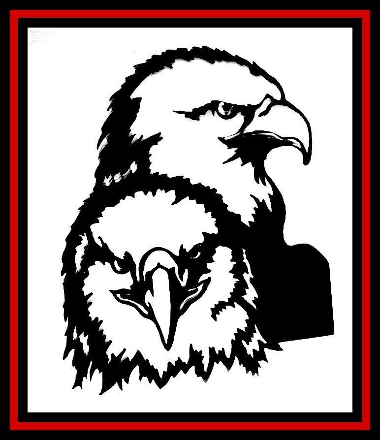 Black-and-white illustration of a bald eagle and a smaller eagle, framed by a red border.