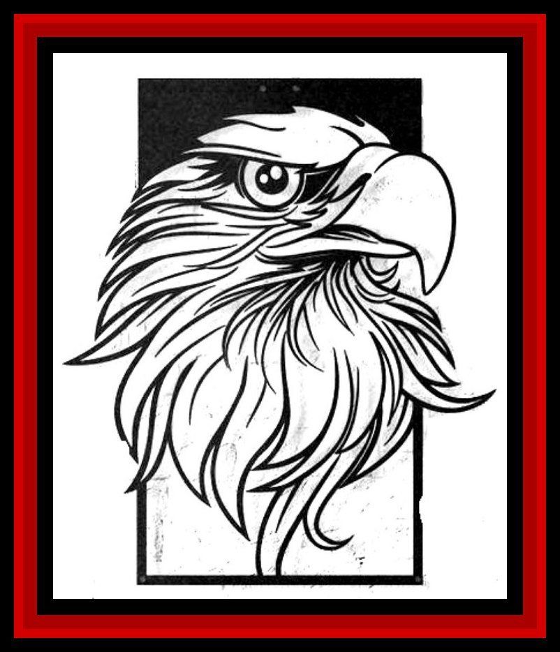 Black-and-white eagle head illustration on a white background with a red border