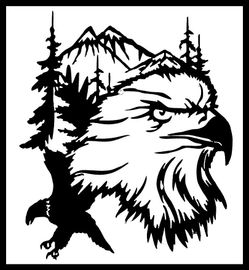 Black-and-white eagle profile with pine trees and mountains inside its silhouette