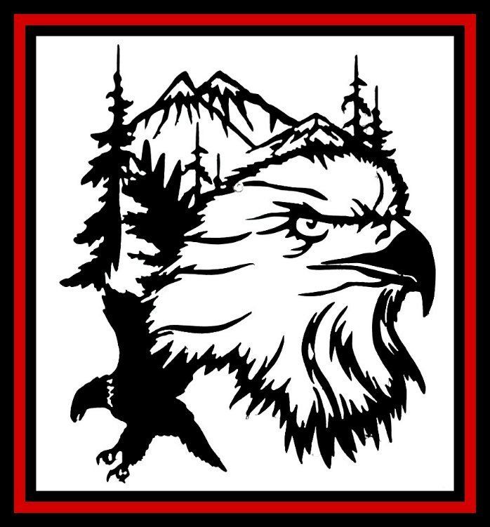 Black-and-white eagle head silhouette with mountains and pine trees in a red-bordered square