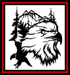 Black eagle with mountain silhouette in black and white, framed by a red border.