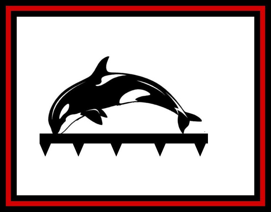 Garden Orca Sign Black dolphin silhouette over a toothed bar, framed by a red and black border.