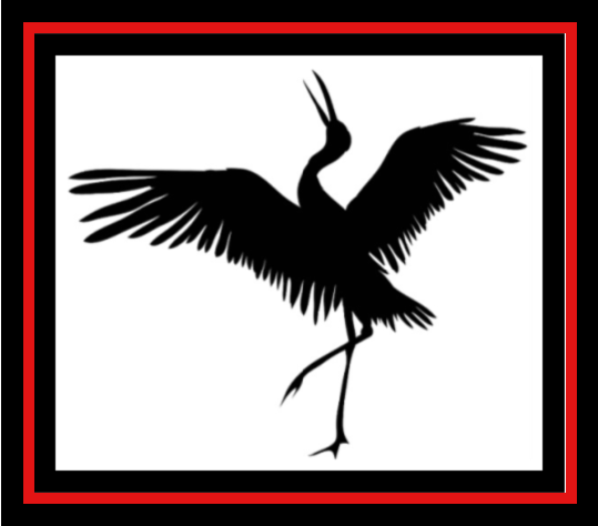 Black silhouette of a crane with wings spread inside a red-bordered square