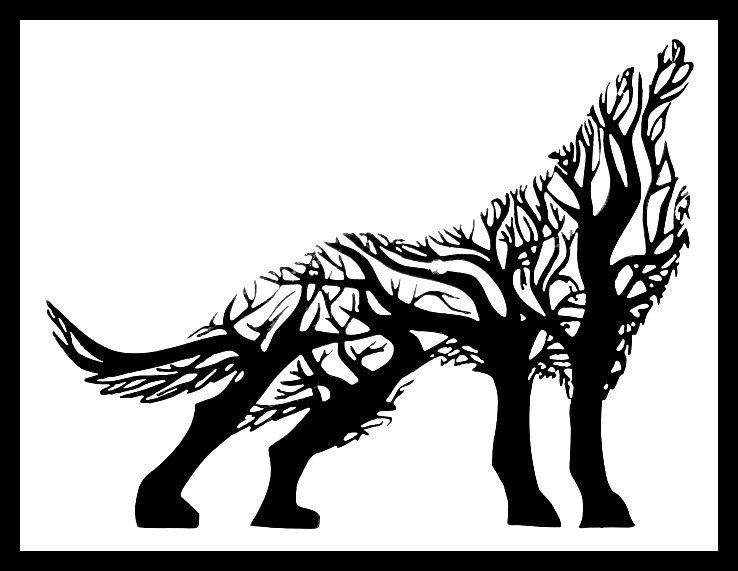Black wolf silhouette transformed into a tree, blending animal and branches on a white background