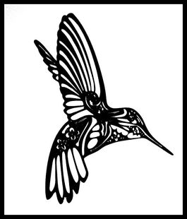 Black-and-white stylized hummingbird with outstretched wings and long pointed beak.