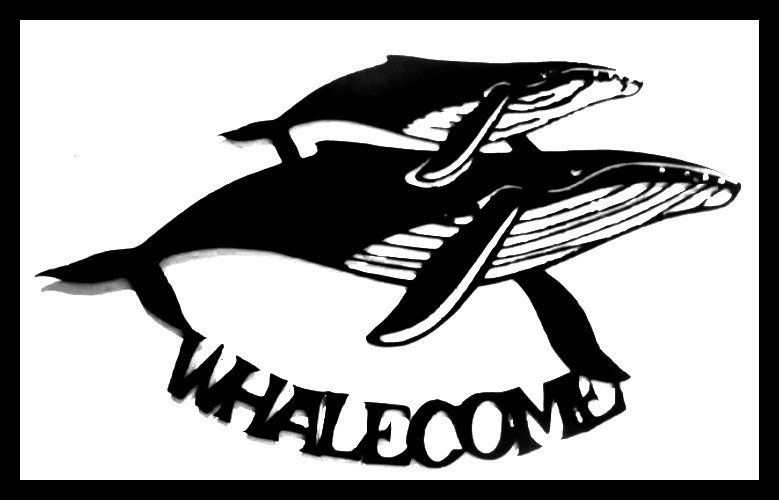 Black-and-white graphic of two whales above the word “WHALECOME”