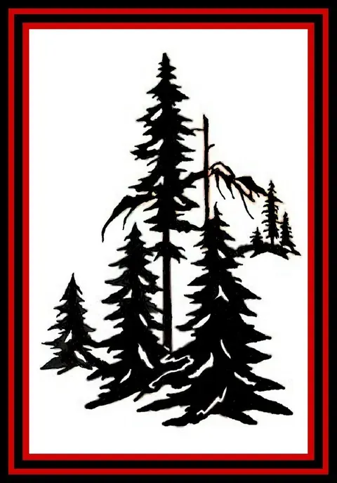 Black pine trees silhouette inside a red-and-black bordered frame on a white background