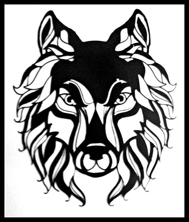 Black-and-white stylized wolf head illustration with bold angular features and flowing fur.