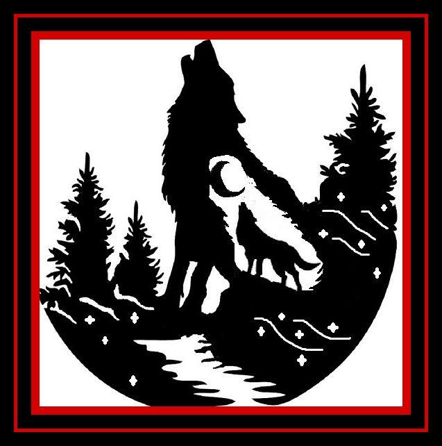 Black wolf howling with a smaller wolf in a forest silhouette, framed by a red border.