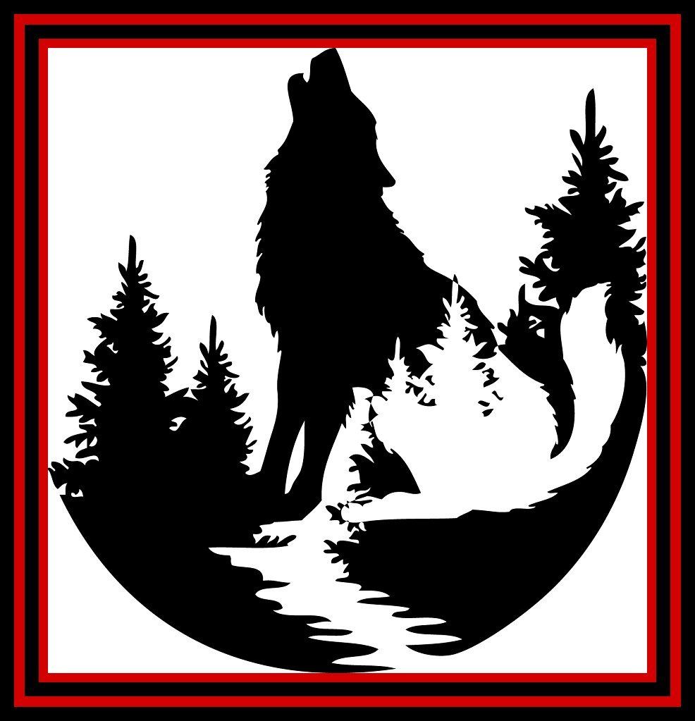 Black wolf silhouette in a snowy forest scene inside a red-bordered square logo