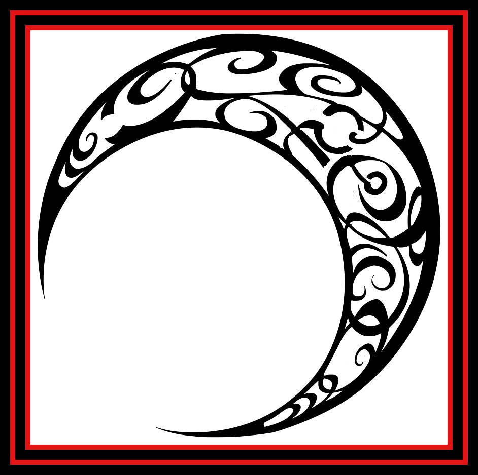 Black ornamental crescent moon with swirling patterns inside a red double border on white background