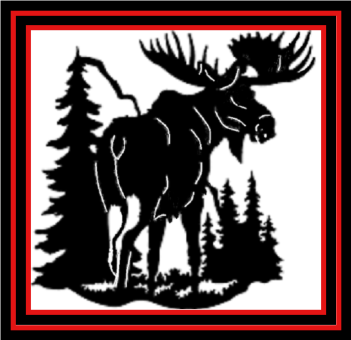 Black moose silhouette in a forest, framed by a red border