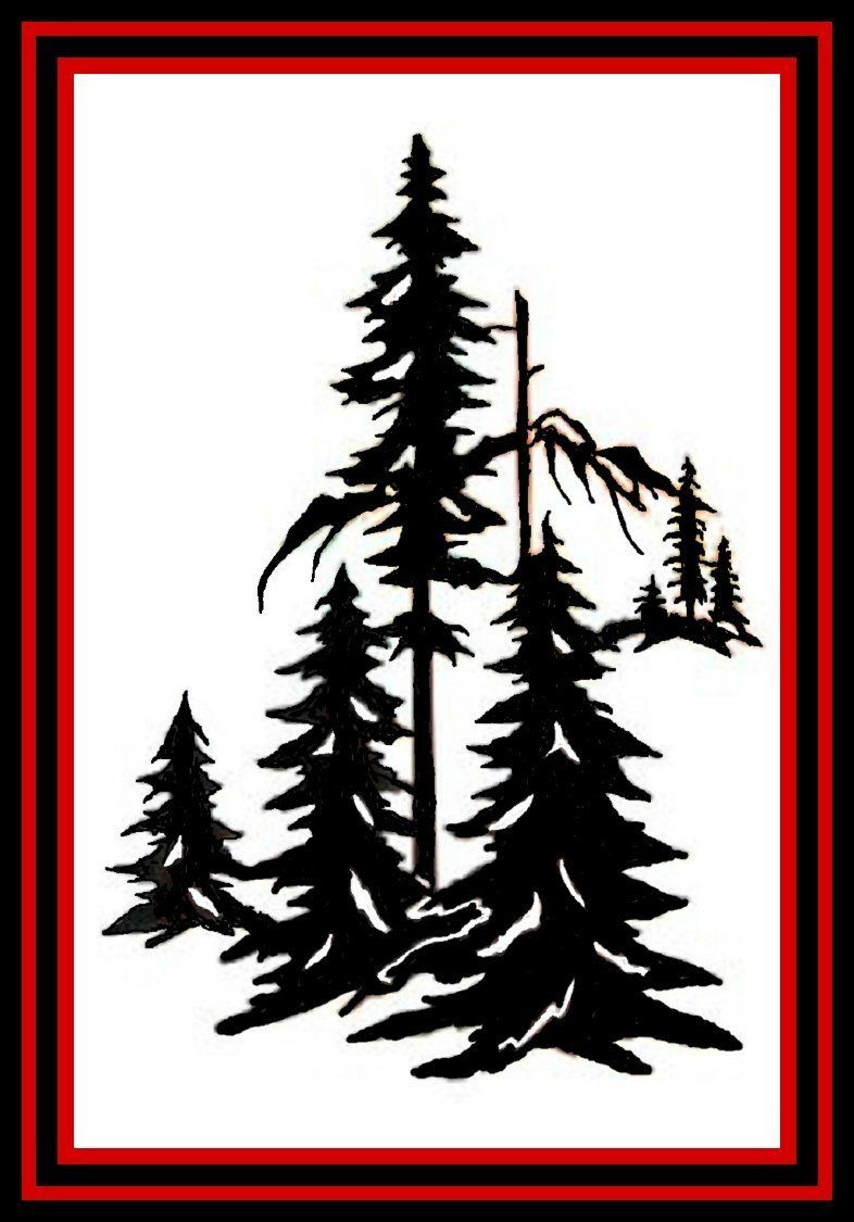 Black pine trees and mountain silhouette in a red-and-black border on a white background
