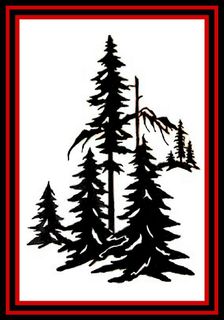 Black pine trees on a white background, framed by a red and black border.