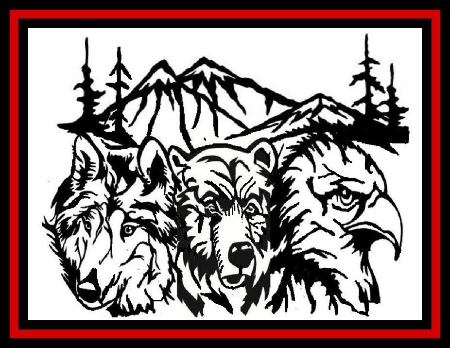 Black-and-white wildlife illustration of a wolf, eagle, and mountain scene framed by a red border