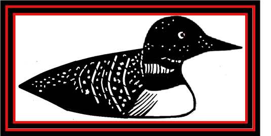 Black-and-white loon illustration inside a red-and-black rectangular border