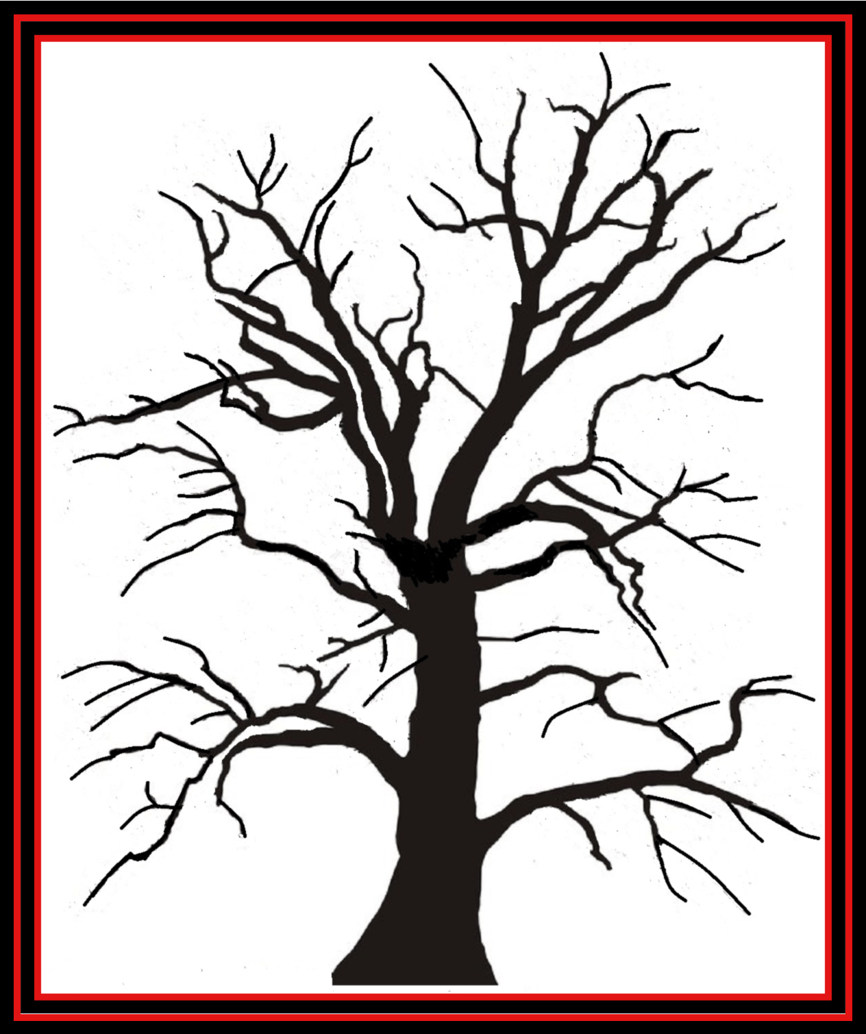Black bare tree silhouette with twisting branches in a red-bordered frame on a white background