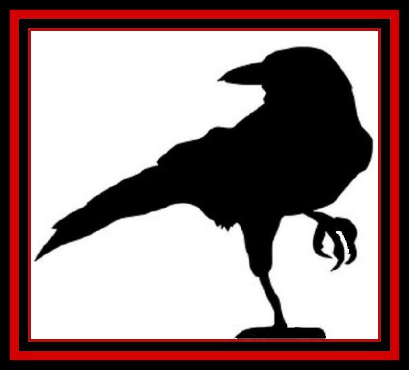 Black crow silhouette on a white background with a red and black border