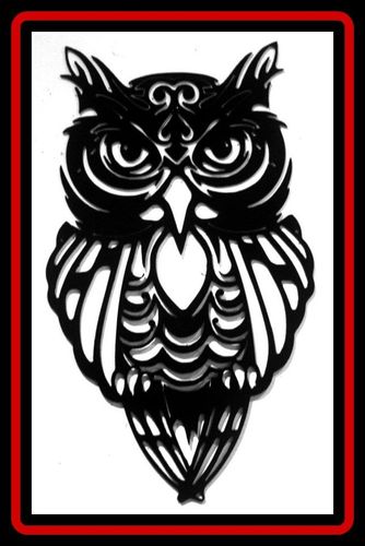 Black and white stylized owl illustration with red border