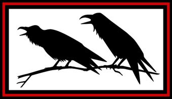 Two black crows perched on a branch, framed by a red border.
