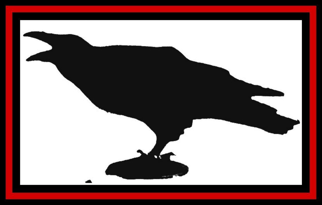 Black bird silhouette standing on a pedestal inside a red-bordered rectangle