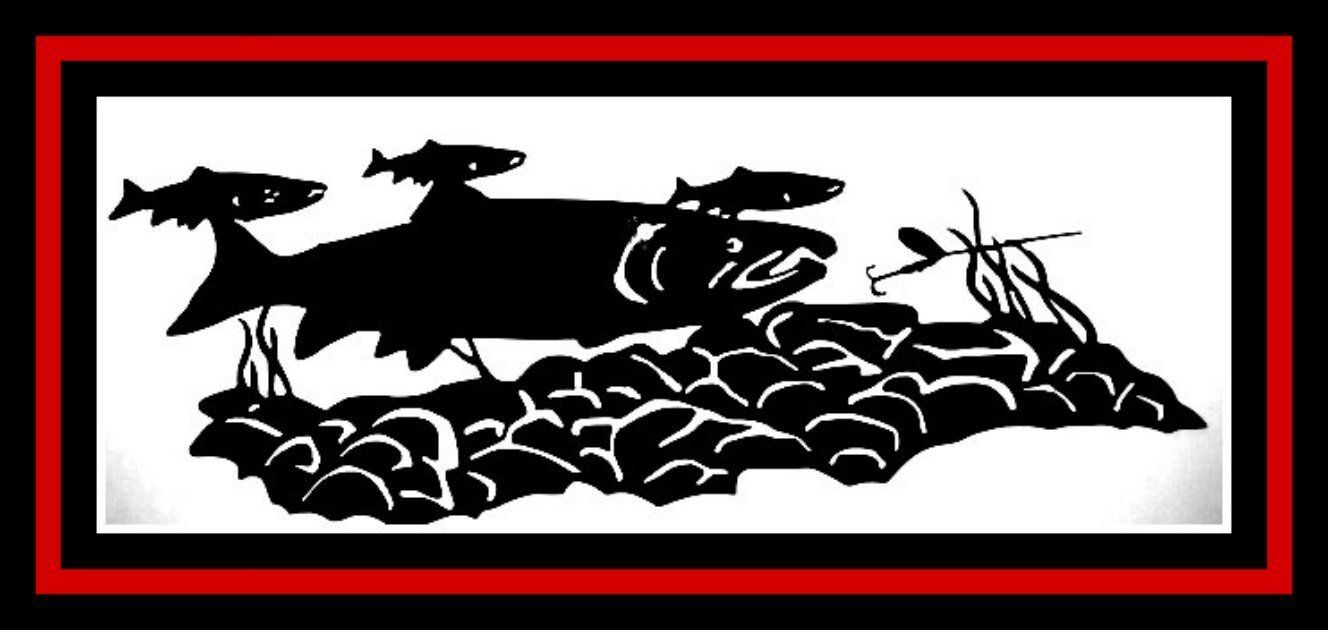 Black silhouette of a dragon-like creature on red-bordered white background