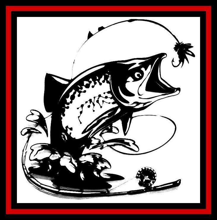 Black-and-white jumping fish illustration bordered in red, leaping toward a hooked lure.