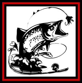Black-and-white cartoon fish leaping from a fishing lure, framed by a red border
