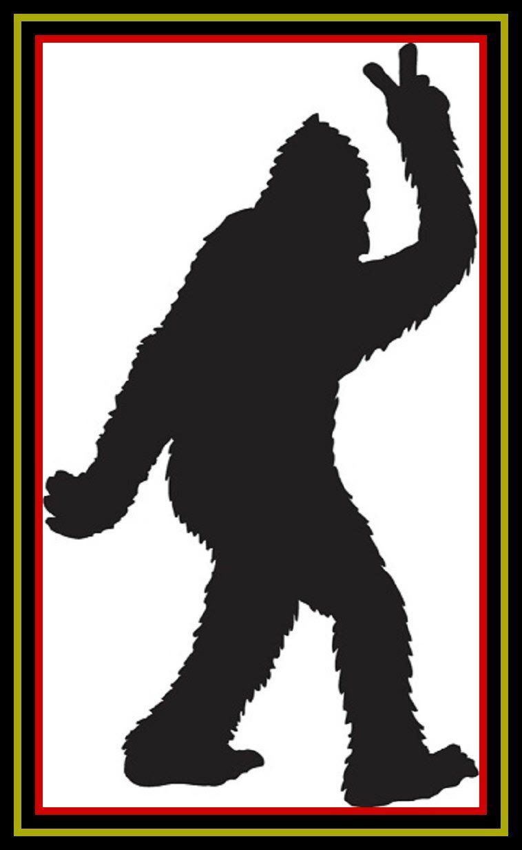 Black Bigfoot silhouette waving on a white background with a red and yellow border