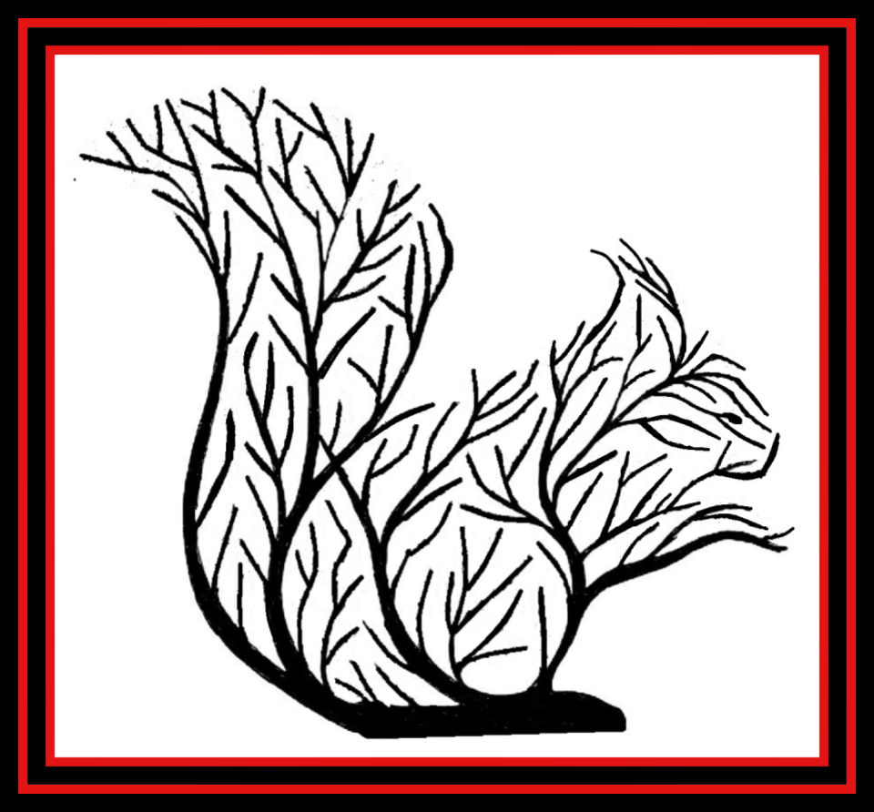 Black tree branches silhouette inside a red and black square frame on a white background