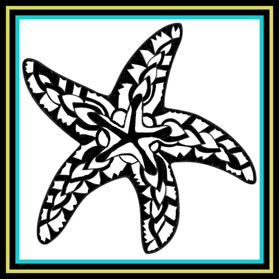 Black-and-white patterned starfish on a white background with a teal and gold border.