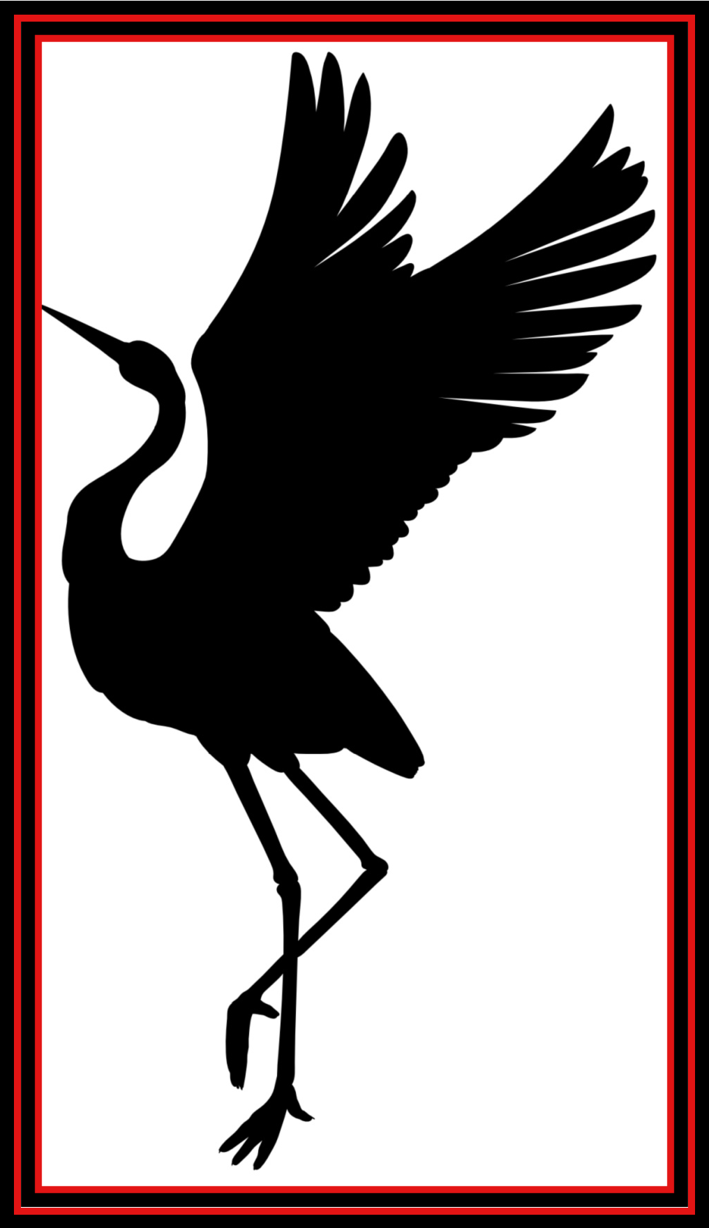Black crane silhouette with wings raised inside a red-bordered white rectangle