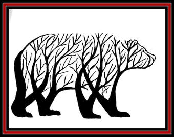 Black tree silhouettes forming a bear on a white background, framed by red and black borders