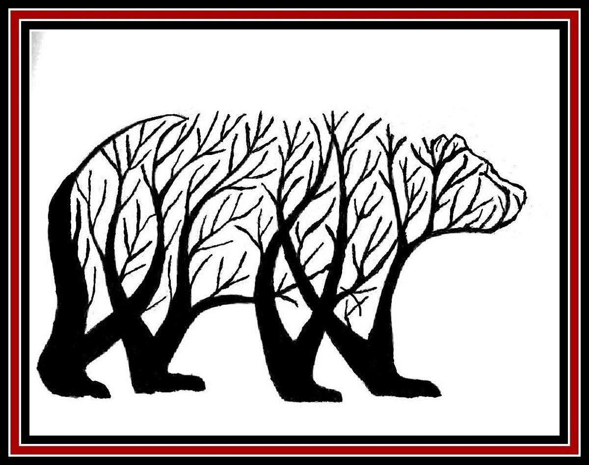 Black silhouetted bear formed from tree branches inside a red and black border