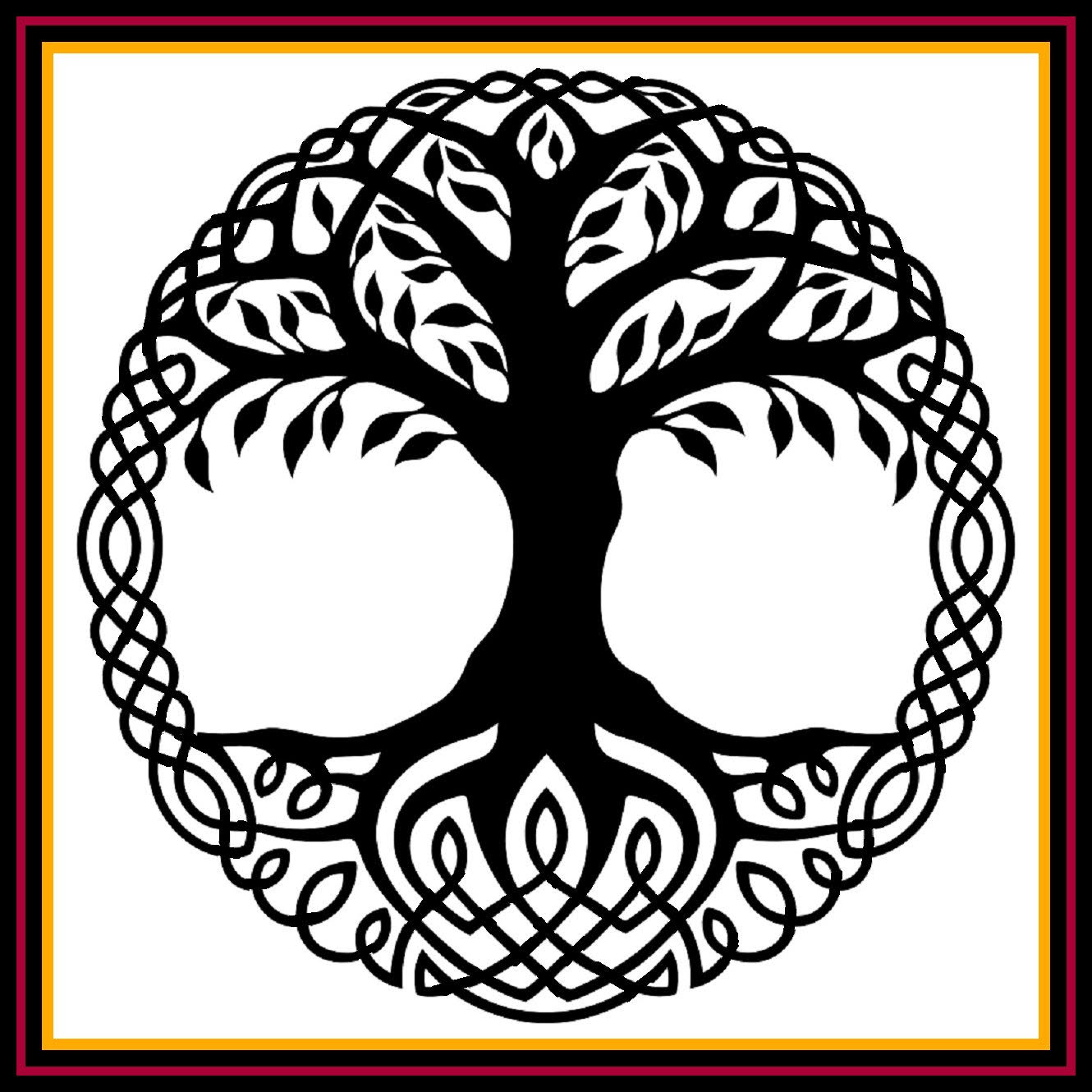 Stylized black tree silhouette in a circular Celtic knot frame on a white background.