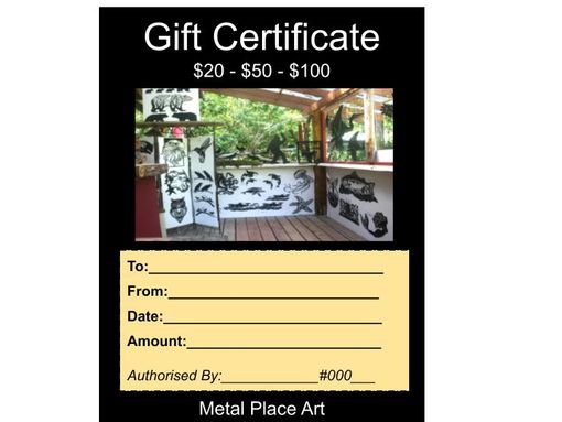 Gift certificate for Medical Art Center with $20, $50, and $100 amounts shown on a yellow form.