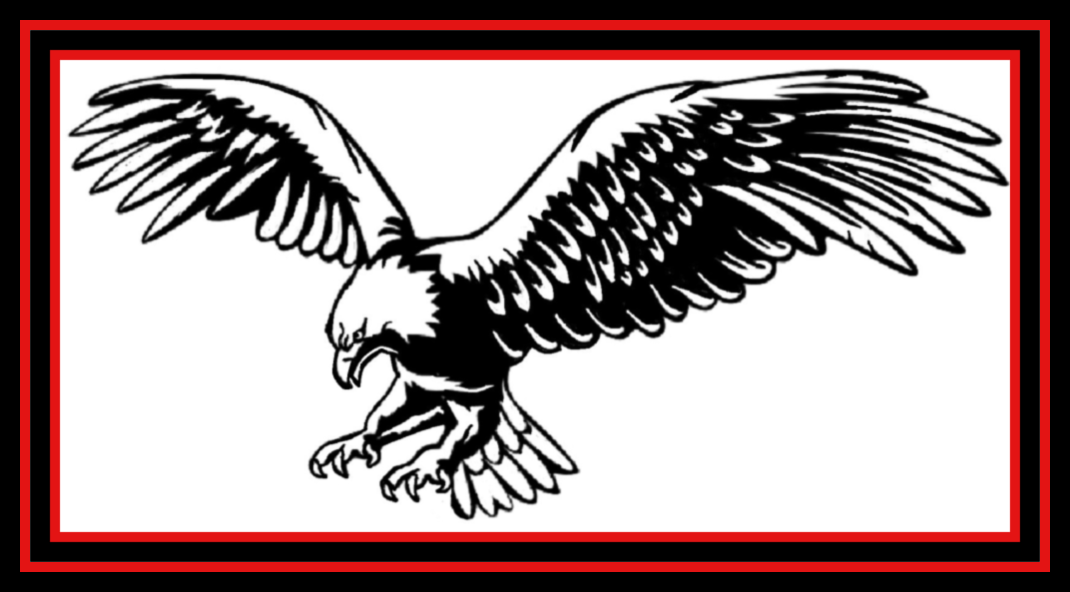 Black-and-white eagle with wings spread, bordered by a red-and-black frame