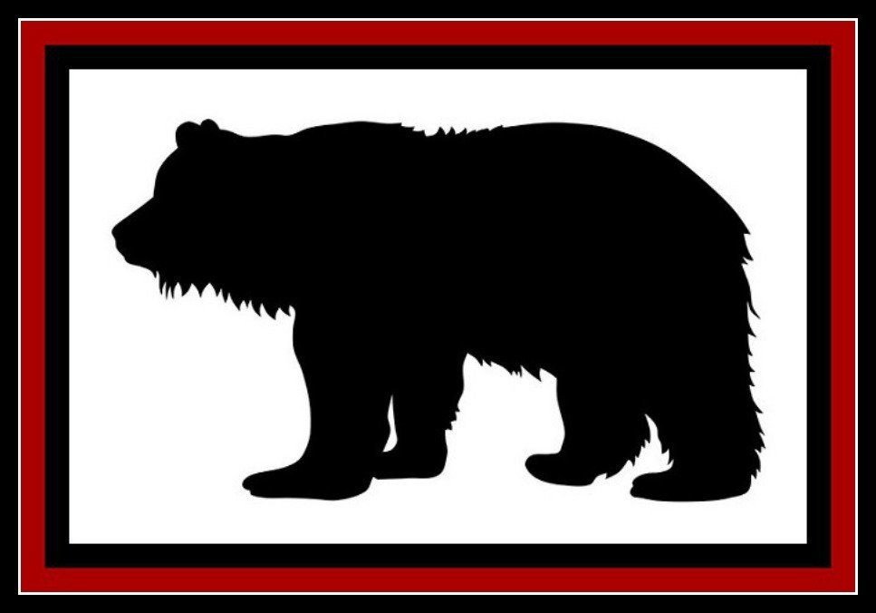 Black bear silhouette on white background with red and black border