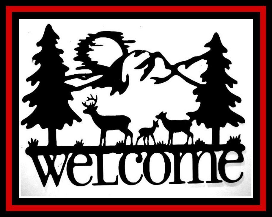 Deer Sitka Tree Mountain Welcome Sign Black-and-white welcome sign with moose, deer, and pine trees in a red border