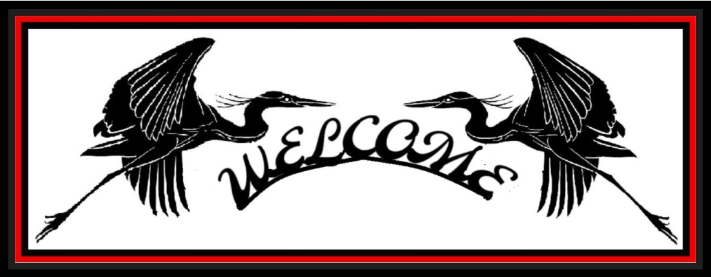Black-and-white welcome sign with two birds and red border