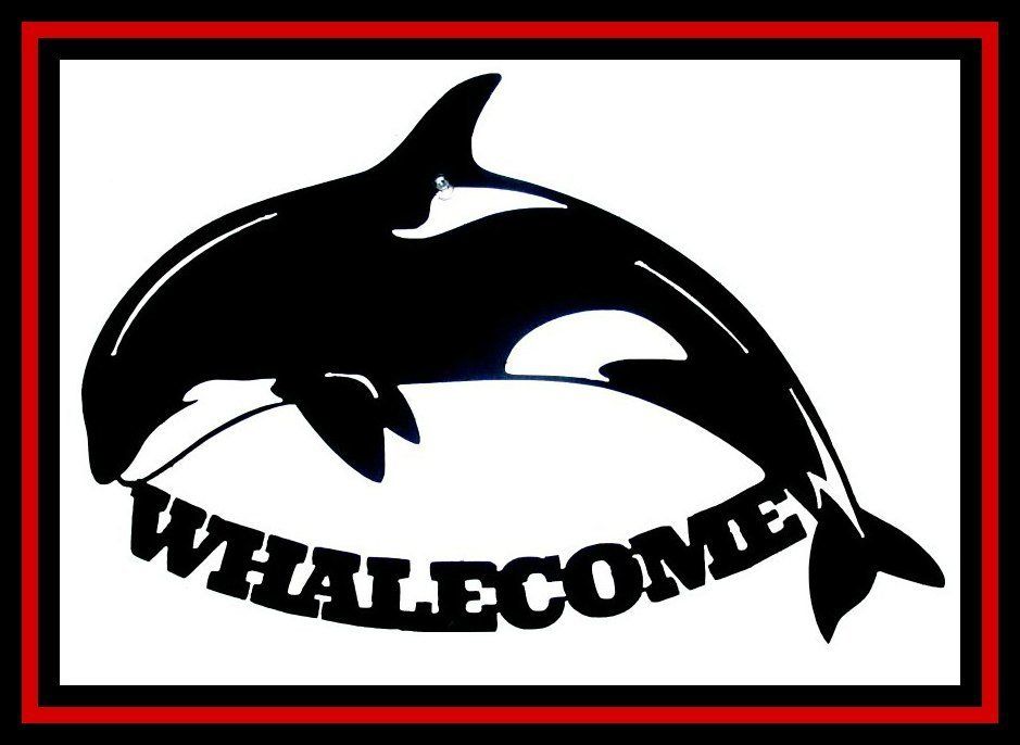 Black and white whale logo with the word “WHALECOME” on a red-bordered white background