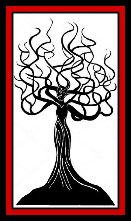 Black silhouetted tree with swirling bare branches inside a red border on a white background