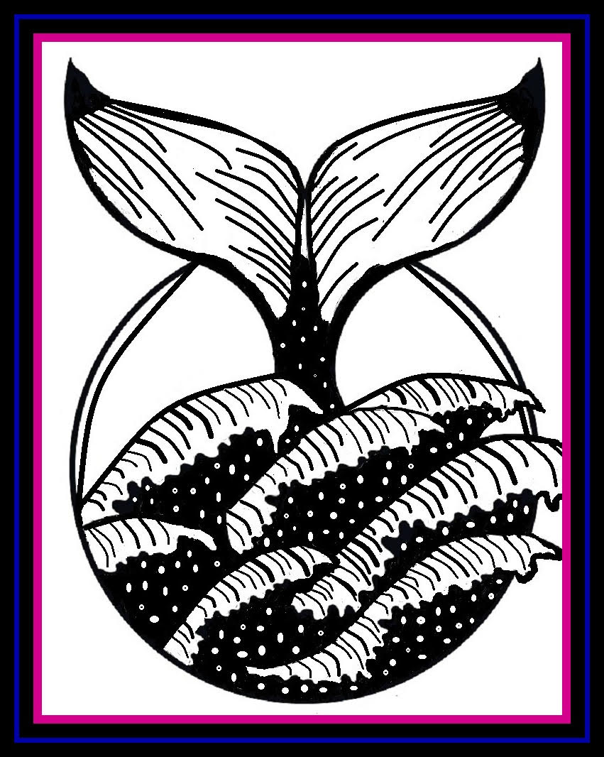 Black-and-white illustration of a whale tail above wavy water inside a circular frame.