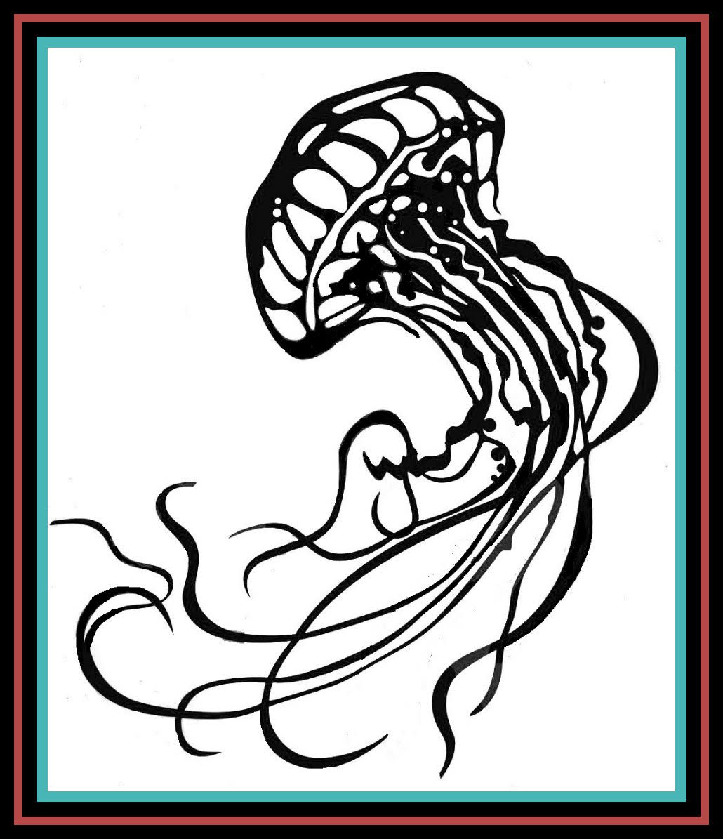 Black-and-white jellyfish illustration on a white background with a teal and red border